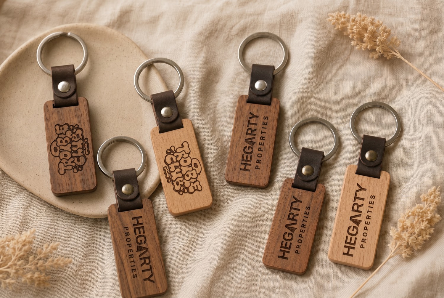 A set of laser-engraved wooden key rings made for East Cork businesses — beech and walnut tags, several with scannable QR codes, alongside tags engraved with business logos